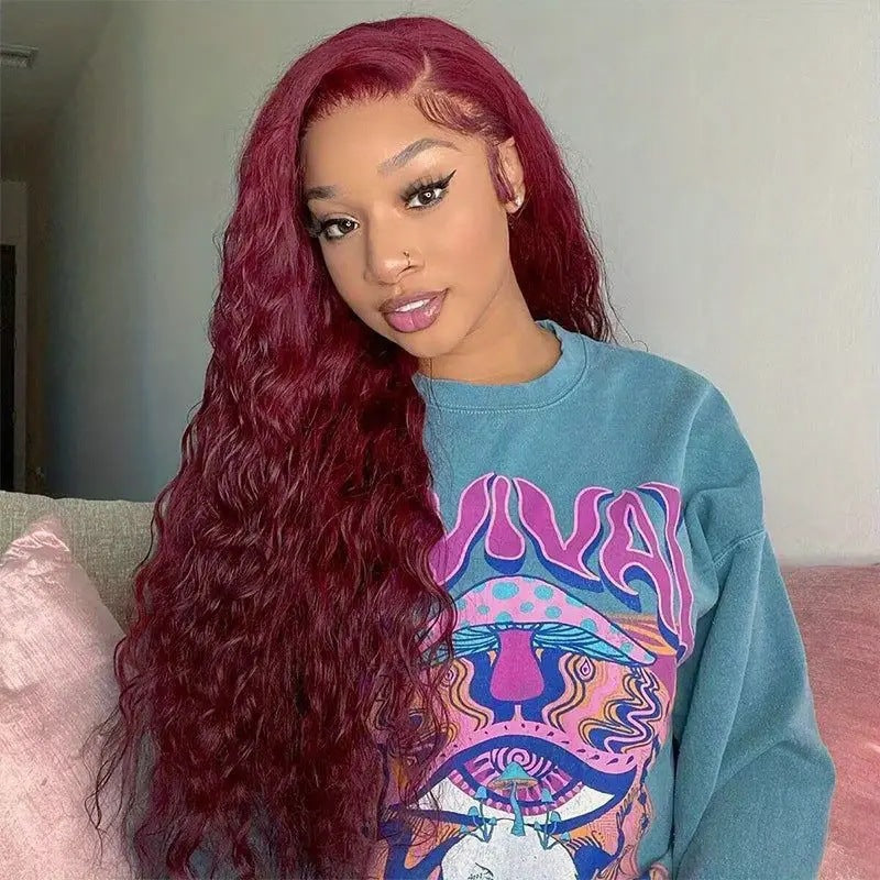 Fashion Wine Red Wig Front Lace Small Roll Wound Tube Afro Synthetic Wigs