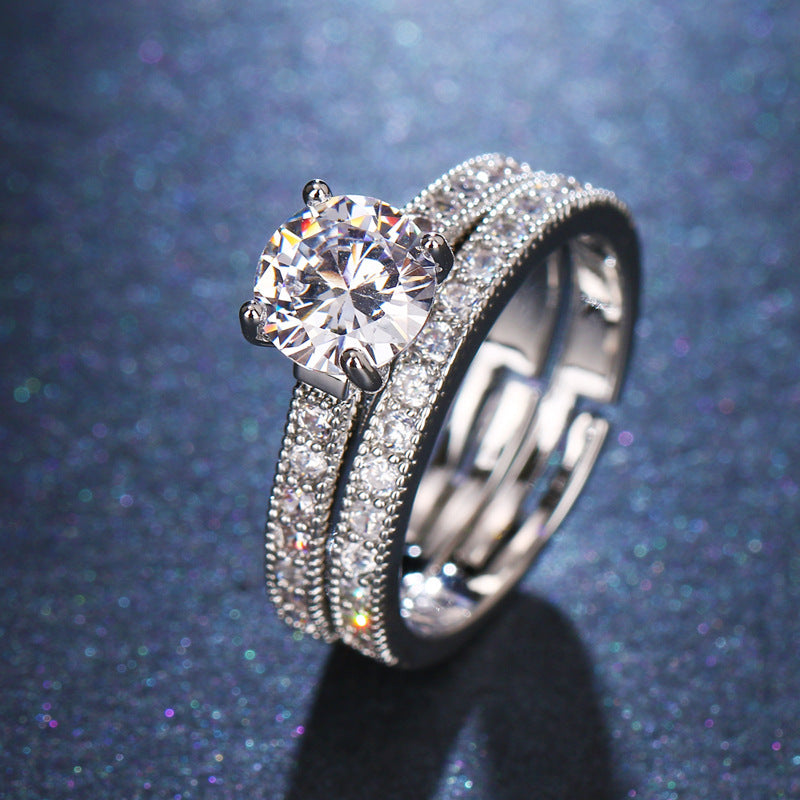 Adjustable Combination Zircon Set Ring Silver Plated Couple Jewelry
